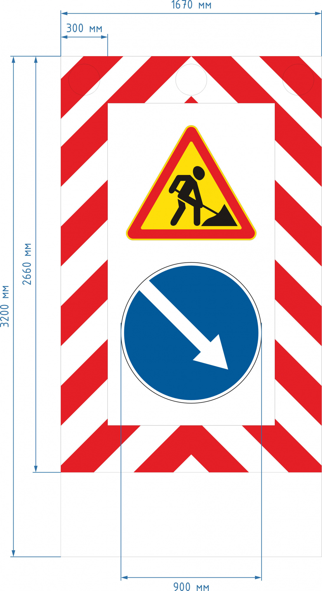 Передвижной щит 3200x1670x2000, 3 стробоскопа, знаки 1,25, 4.2.1-4.2.2 (T900, пленка тип Б, D900), Заградительный знак